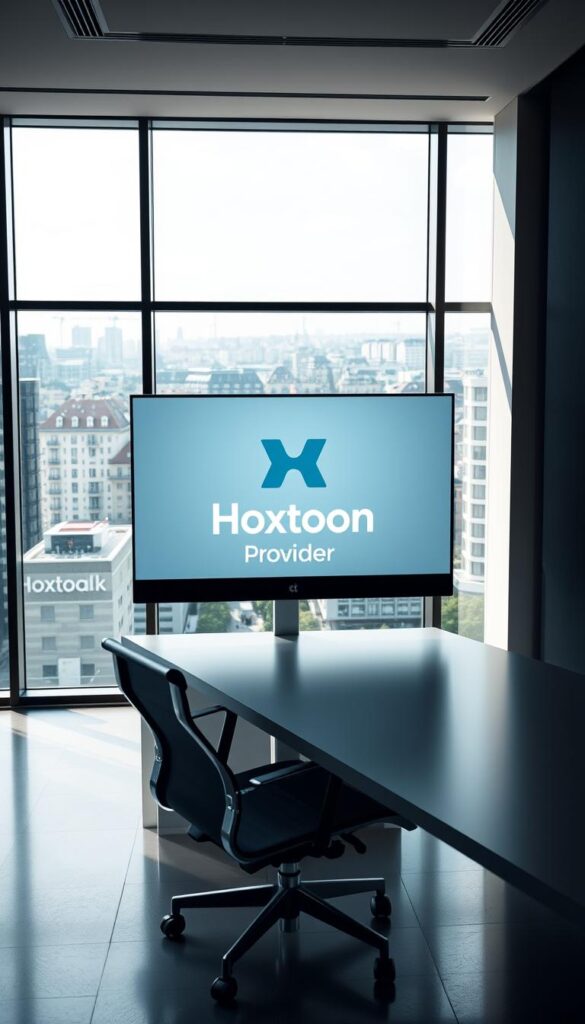 A sleek, modern office interior with a large monitor displaying the Hoxtoon Provider logo prominently in the center. The monitor is surrounded by a minimalist desk and ergonomic office chair, creating a professional and streamlined atmosphere. Soft, directional lighting illuminates the scene, casting subtle shadows and highlighting the clean lines of the furniture. In the background, a large window overlooking a bustling German cityscape, adding a sense of connectivity and urban vibrancy. The overall impression is one of a reliable, high-quality IPTV service provider that delivers a seamless, cutting-edge user experience.