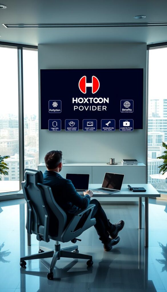 A sleek, modern office interior with a large monitor displaying the Hoxtoon Provider logo. In the foreground, a person sits comfortably in an ergonomic chair, examining the various features and benefits of the lifetime IPTV membership on the screen. The middle ground showcases a clean, minimalist desk with a laptop, remote control, and other IPTV-related accessories. The background features large windows, allowing natural light to flood the space, creating a bright and inviting atmosphere. The overall scene conveys the convenience, reliability, and value of the Hoxtoon Provider lifetime IPTV code.