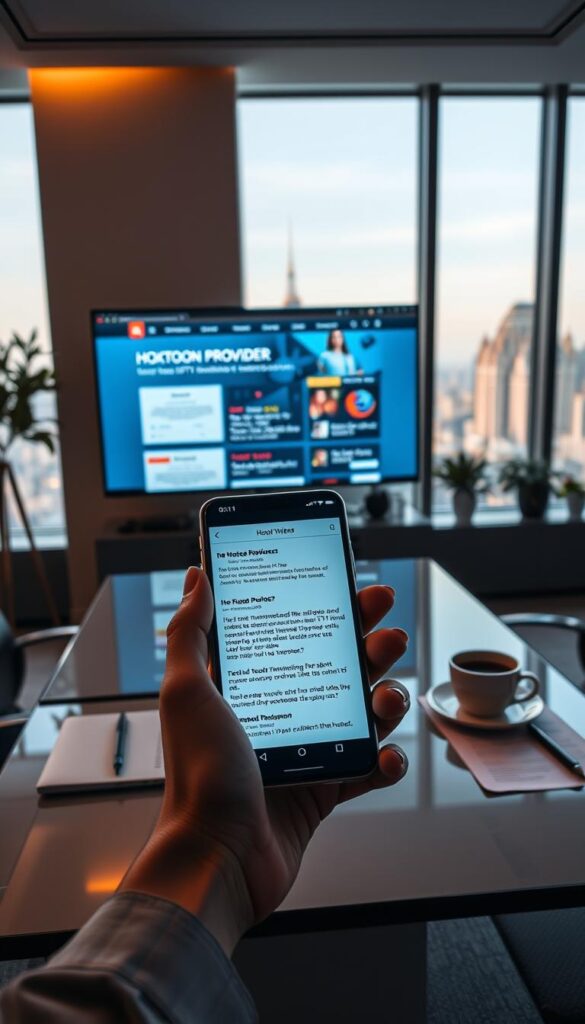 A sleek, modern office interior with a large monitor displaying the Hoxtoon Provider website, showcasing IPTV service reviews. Subtle lighting casts a warm glow, creating a professional yet inviting atmosphere. In the foreground, a hand holds a smartphone, scrolling through positive customer testimonials. The middle ground features a neatly organized desk with a laptop, notes, and a cup of coffee, suggesting a productive workspace. The background depicts floor-to-ceiling windows overlooking a cityscape, conveying a sense of urban sophistication. The overall scene conveys the idea that investing in a lifetime IPTV subscription from Hoxtoon Provider is a worthwhile and well-researched decision.