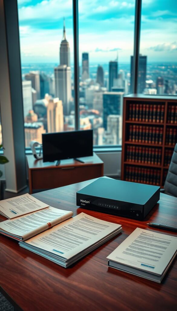 A sleek, modern office interior with a large window overlooking a bustling city skyline. In the foreground, a wooden desk with a Hoxtoon Provider IPTV box prominently displayed. On the desk, various legal documents and reference materials are neatly organized, conveying a sense of professionalism and attention to detail. The lighting is soft and warm, creating a contemplative atmosphere. The background features bookshelves filled with legal tomes, hinting at the complex legal considerations surrounding IPTV services. The overall scene suggests a thoughtful, well-researched approach to navigating the legal landscape of IPTV in the USA.