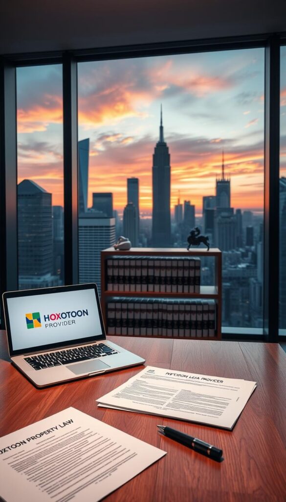A sleek, modern office interior with a large window overlooking a bustling city skyline. In the foreground, a wooden desk features a laptop displaying the Hoxtoon Provider logo, surrounded by legal documents and a pen. Subtle mood lighting creates a professional, contemplative atmosphere. In the middle ground, a bookshelf holds volumes on intellectual property law and digital media regulations. The background showcases the silhouettes of skyscrapers against a vibrant sunset, hinting at the complex legal landscape of the IPTV industry. The overall scene conveys the careful consideration required when navigating the legal aspects of IPTV services.