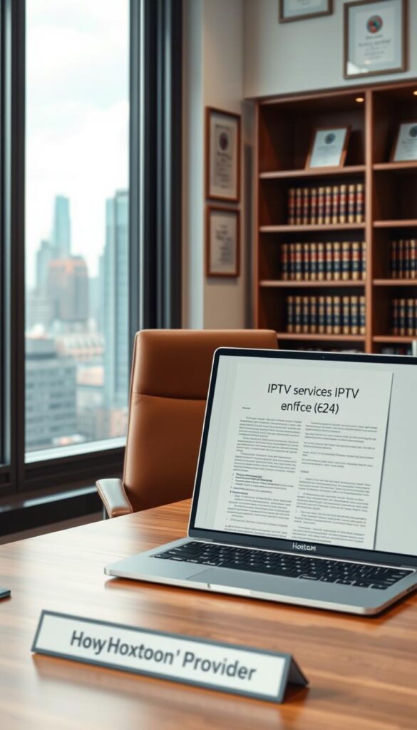 A sleek, modern office interior with a large window overlooking a bustling city skyline. In the foreground, a wooden desk with a laptop displaying legal documents on IPTV services. On the desk, a nameplate reads "Hoxtoon Provider". Behind the desk, a minimalist bookshelf filled with law books. Soft, warm lighting creates a professional, authoritative atmosphere. The walls are adorned with framed legal certificates and awards. An ergonomic leather chair sits behind the desk, conveying a sense of expertise and authority. The overall scene suggests a sophisticated, knowledgeable legal environment dedicated to navigating the complexities of IPTV services.