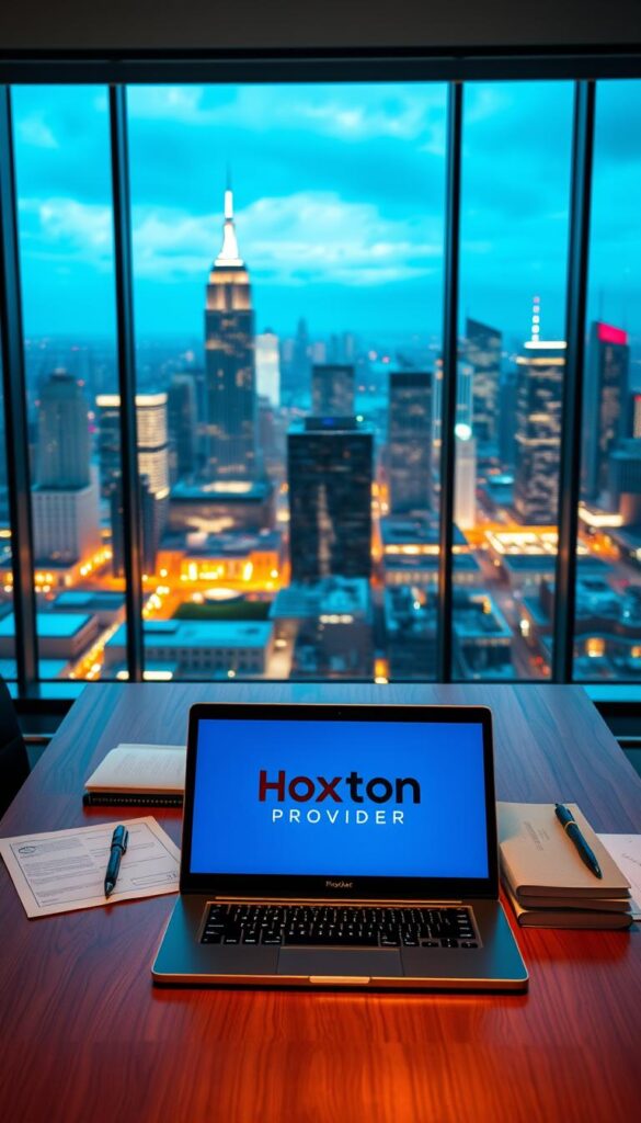 A sleek, modern office interior with a large window overlooking a bustling city skyline. In the foreground, a wooden desk features a laptop displaying the Hoxtoon Provider logo, surrounded by legal documents and reference materials. Subtle lighting casts a warm glow, creating a professional and authoritative atmosphere. In the middle ground, a bookshelf filled with legal volumes stands as a symbol of expertise. The background features a panoramic view of the cityscape, underscoring the global scale of IPTV legal considerations. The overall composition conveys a sense of diligence, responsibility, and the careful navigation of the legal landscape in the IPTV industry.