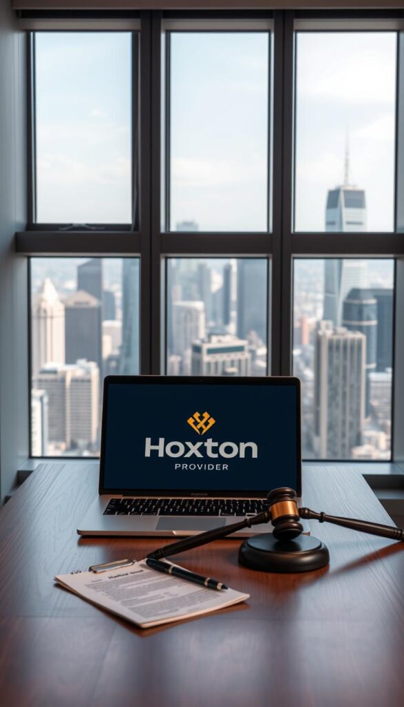 A sleek, modern office interior with a large window overlooking a bustling city skyline. In the foreground, a wooden desk with a laptop displaying the Hoxtoon Provider logo. On the desk, legal documents and a gavel, symbolizing the legal considerations surrounding IPTV services. Soft, directional lighting creates a contemplative atmosphere, while the cityscape in the background suggests the wider context of the IPTV industry. The scene conveys a sense of professionalism and the need to navigate the legal landscape carefully when using IPTV services.