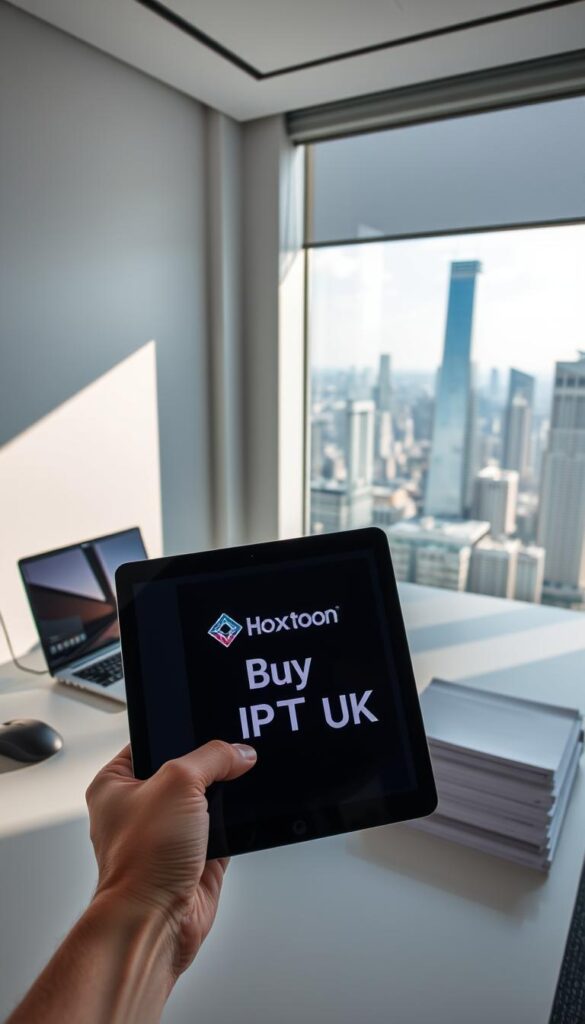 A sleek, modern office interior with a large window overlooking a bustling city skyline. On a well-organized desk, a laptop and a stylish wireless mouse sit next to a neatly stacked pile of papers, creating a professional and productive atmosphere. In the foreground, a person's hand is holding up a tablet, displaying the Hoxtoon Provider logo and the text "Buy IPTV UK" prominently featured on the screen. The lighting is bright and directional, creating a sense of focus and clarity. The overall scene conveys a sense of reliability, trustworthiness, and the convenience of obtaining IPTV services in the UK.