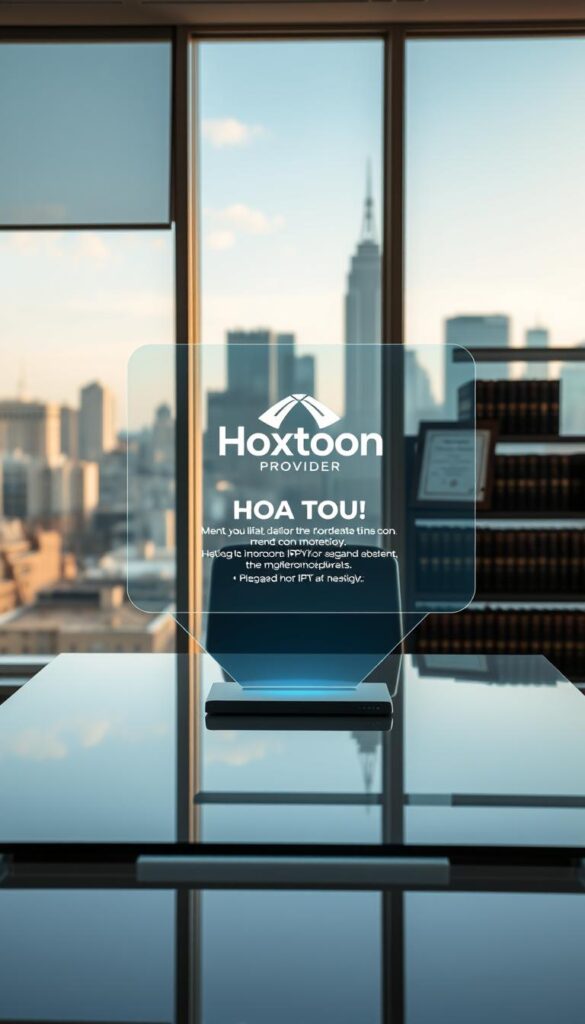 A sleek, modern office interior with a large window overlooking a city skyline. In the foreground, a stylized, holographic display hovers above a glass-topped desk, depicting the Hoxtoon Provider logo and information about IPTV legality. The lighting is warm and natural, with soft shadows and highlights accentuating the minimalist design. In the background, shelves of legal books and a framed certificate suggest an authoritative, professional setting. The overall mood is one of thoughtful contemplation and informed decision-making.