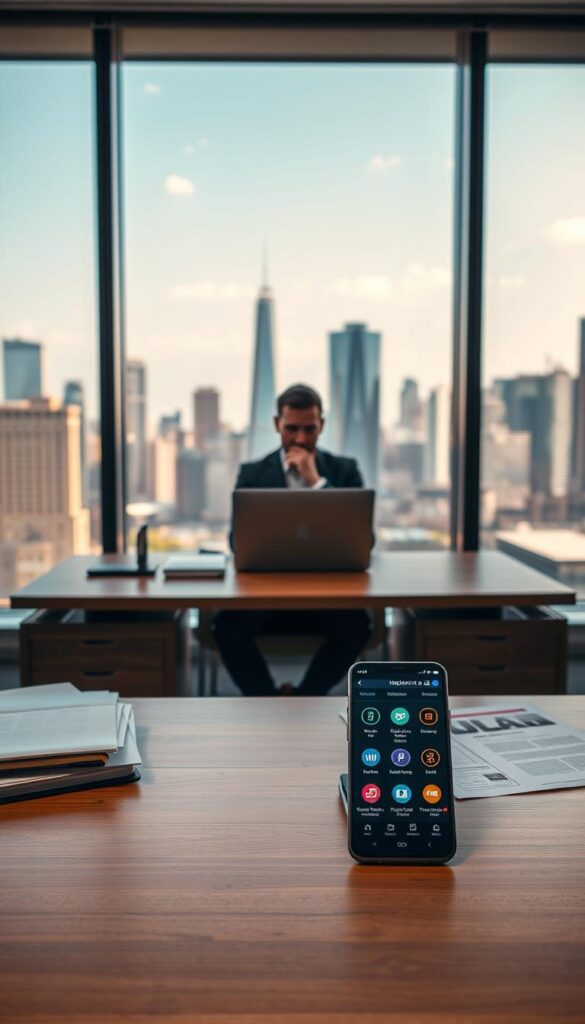 A sleek, modern office interior with a large window overlooking a city skyline. In the foreground, a wooden desk with a laptop, papers, and a stylized "Hoxtoon Provider" logo. On the desk, a smartphone displaying IPTV service icons and information. In the middle ground, a person sitting at the desk, deep in thought, representing the legal considerations of IPTV usage. The background features cityscape with skyscrapers, suggesting the urban setting and the broader context of IPTV legality in the US. The lighting is warm and inviting, creating a professional and contemplative atmosphere.
