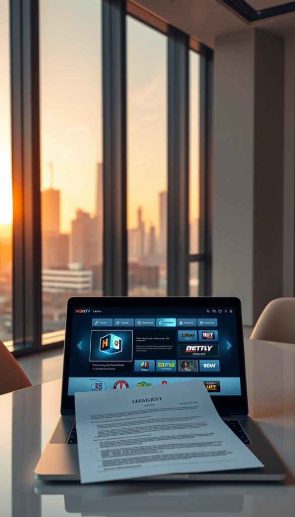 A sleek, modern office interior with a large window overlooking a city skyline. In the foreground, a Hoxtoon Provider IPTV service interface displayed on a laptop, showcasing its user-friendly design and high-quality video streaming capabilities. The middle ground features a legal document or contract, symbolizing the legal considerations for IPTV services in the USA. The background is bathed in warm, natural lighting, creating a professional and authoritative atmosphere.