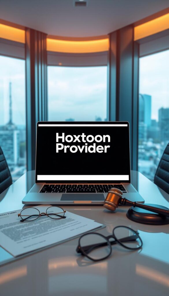A sleek, modern office interior with a large window overlooking a city skyline. On the desk, a laptop displays the Hoxtoon Provider logo, surrounded by legal documents, a gavel, and a pair of reading glasses, suggesting the legal considerations of using IPTV services. Soft, warm lighting illuminates the scene, creating a professional and contemplative atmosphere. The overall composition emphasizes the importance of understanding the legal aspects of IPTV usage.