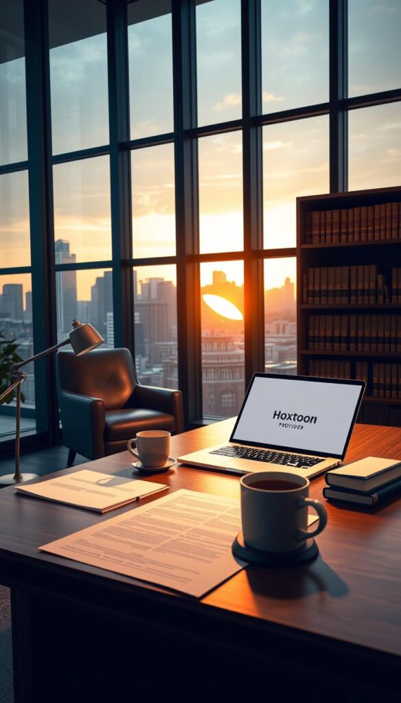 A sleek, modern office interior with a large window overlooking a cityscape. In the foreground, a stylish wooden desk with a laptop, a stack of legal documents, and a mug of coffee. On the desk, a minimalist desk lamp casts a warm glow. The middle ground features a comfortable leather armchair and a bookshelf filled with law books. The background showcases the urban skyline, bathed in the golden light of the setting sun. The overall mood is one of professionalism and contemplation. A subtle Hoxtoon Provider logo is discreetly displayed on the laptop screen.