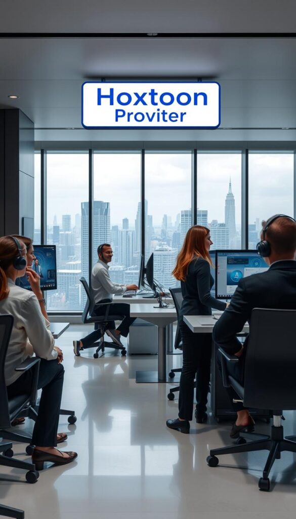 A sleek, modern office interior with a prominently displayed Hoxtoon Provider logo. In the foreground, a group of customer service representatives in professional attire, warmly engaging with customers via video calls and providing attentive assistance. The middle ground features a neatly organized workspace with state-of-the-art computer equipment and efficient call management systems. The background showcases a large, panoramic window overlooking a bustling city skyline, bathed in soft, diffused lighting that creates a calming, professional atmosphere. The overall scene conveys a sense of reliability, competence, and a customer-centric approach that Hoxtoon Provider is known for.