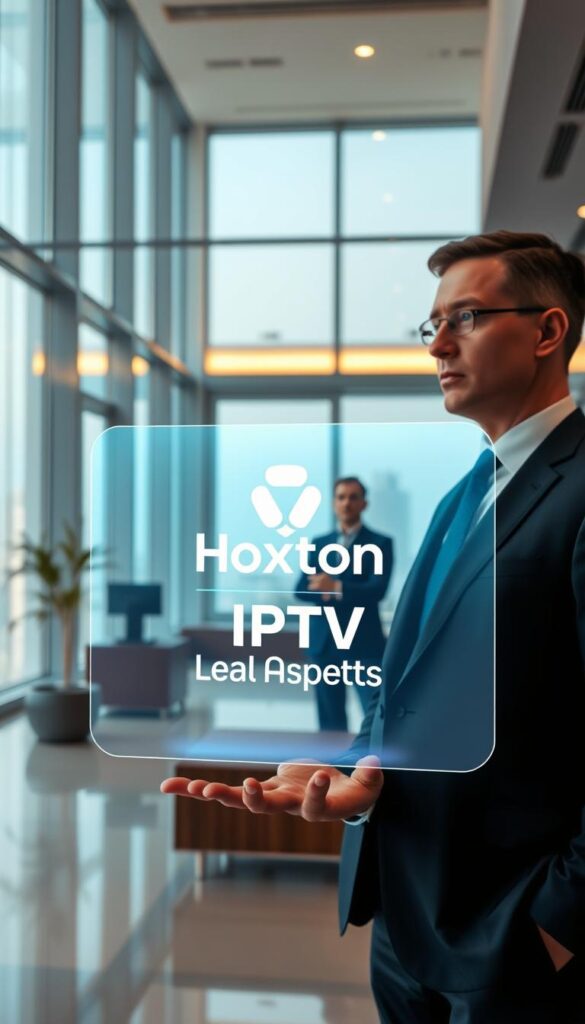 A sleek, modern office interior with floor-to-ceiling windows, conveying a sense of professionalism and authority. In the foreground, a stylized, holographic display floats, depicting the Hoxtoon Provider logo and the text "IPTV Legal Aspects". The display casts a soft, ambient glow, illuminating the space. In the middle ground, a well-dressed business executive stands, examining the display with a pensive expression. The background features a cityscape outside the windows, hinting at the broader legal and technological landscape surrounding IPTV services.