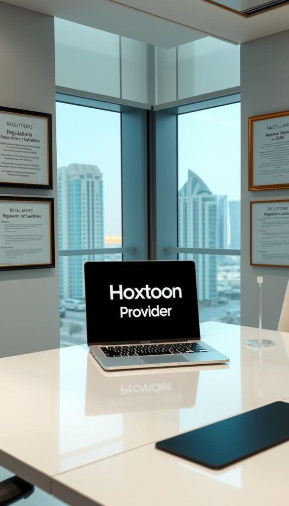 A sleek, modern office interior with floor-to-ceiling windows overlooking the Dubai skyline. On the desk, a laptop displays the Hoxtoon Provider logo, representing a leading IPTV service in the UAE. The walls are adorned with framed regulations and guidelines related to IPTV services, reflecting the current legal landscape. Soft, directional lighting illuminates the scene, creating a professional and authoritative atmosphere. The overall composition conveys a sense of clarity and compliance within the IPTV industry in Dubai.