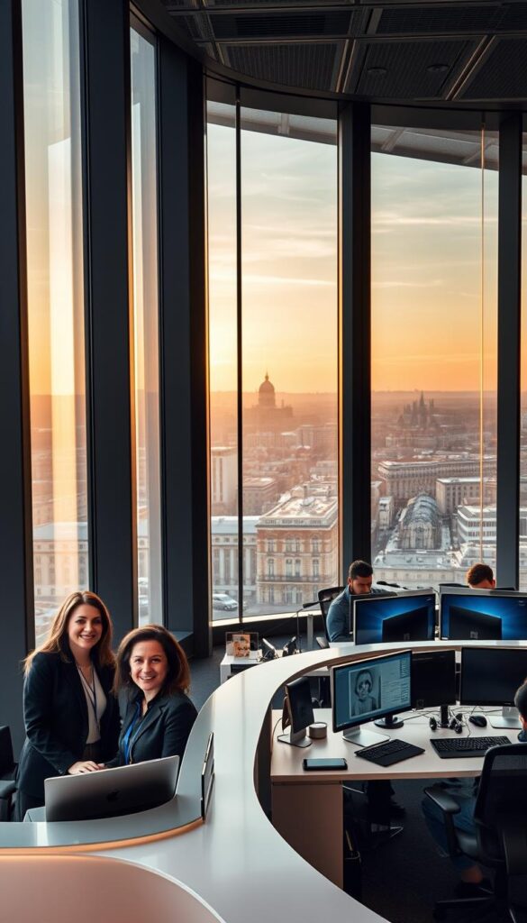 A sleek, modern office interior with floor-to-ceiling windows overlooking the cityscape of Vienna, Austria. In the foreground, a team of Hoxtoon Provider customer service representatives are assisting clients at a curved reception desk, their faces warm and welcoming. The middle ground features neatly arranged workstations where Hoxtoon technicians are diligently troubleshooting IPTV setups, surrounded by state-of-the-art hardware and displays. In the background, the Vienna skyline is visible, bathed in soft, golden-hour lighting that lends an air of professionalism and reliability to the scene. The overall atmosphere conveys Hoxtoon's commitment to exceptional customer support and service experience for its Austrian IPTV subscribers.