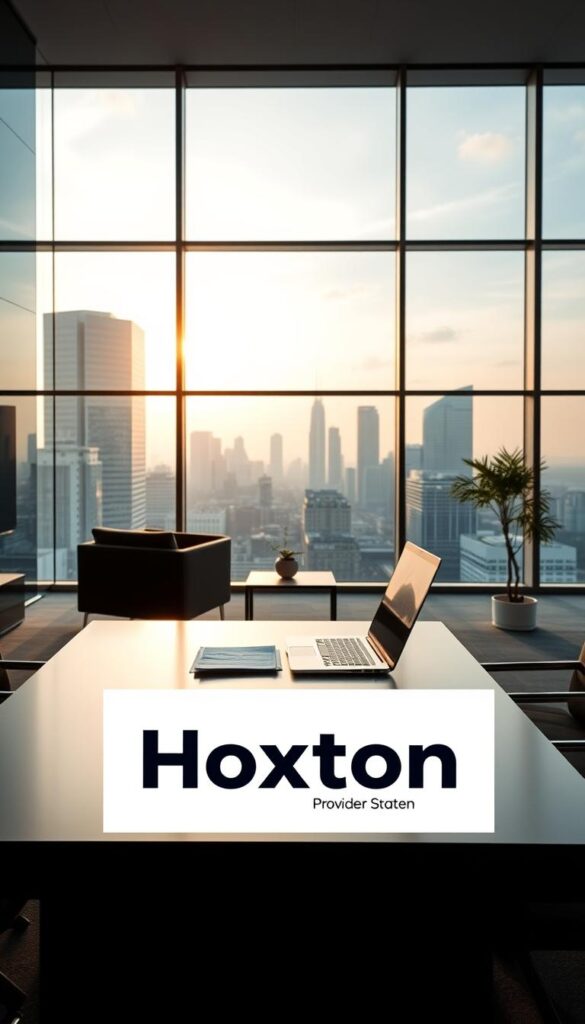 A sleek, modern office interior with floor-to-ceiling windows overlooking the skyline of a German city. Subtle lighting casts a warm glow, reflecting off the clean lines of the contemporary furniture. In the foreground, a large desk displays a laptop and documents, hinting at the regulatory discussions taking place. The Hoxtoon Provider logo is prominently displayed, representing the future of IPTV services in Germany. The atmosphere conveys a sense of progress and innovation, with a hint of the legal complexities surrounding the industry.