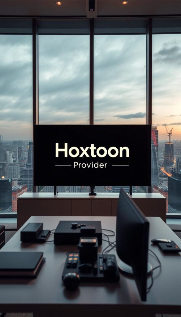 A sleek, modern office interior with large windows overlooking a bustling German city skyline. In the center of the frame, a prominent display features the "Hoxtoon Provider" brand logo, conveyed with a bold and sophisticated design. The lighting is warm and directional, creating a sense of professionalism and authority. In the foreground, a desk with high-end office equipment and accessories suggests the technological capabilities of the Hoxtoon service. The overall atmosphere evokes a thriving, market-leading IPTV provider catering to the Arabic community in Germany.