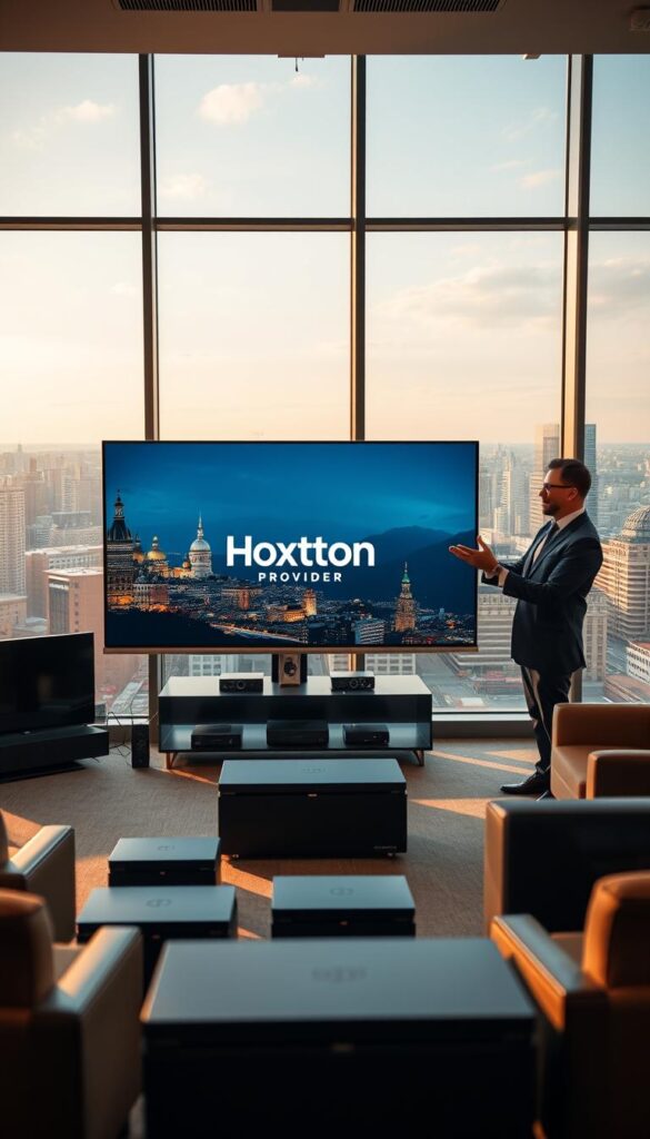 A sleek, modern office interior with large windows overlooking a bustling German cityscape. In the foreground, a state-of-the-art television display showcases the Hoxtoon Provider logo, surrounded by various IPTV-enabled devices. The middle ground features a well-dressed professional gesturing towards the display, discussing the comprehensive German content library and seamless streaming experience. The background is bathed in warm, natural lighting, creating an inviting and authoritative atmosphere for this premier IPTV service.
