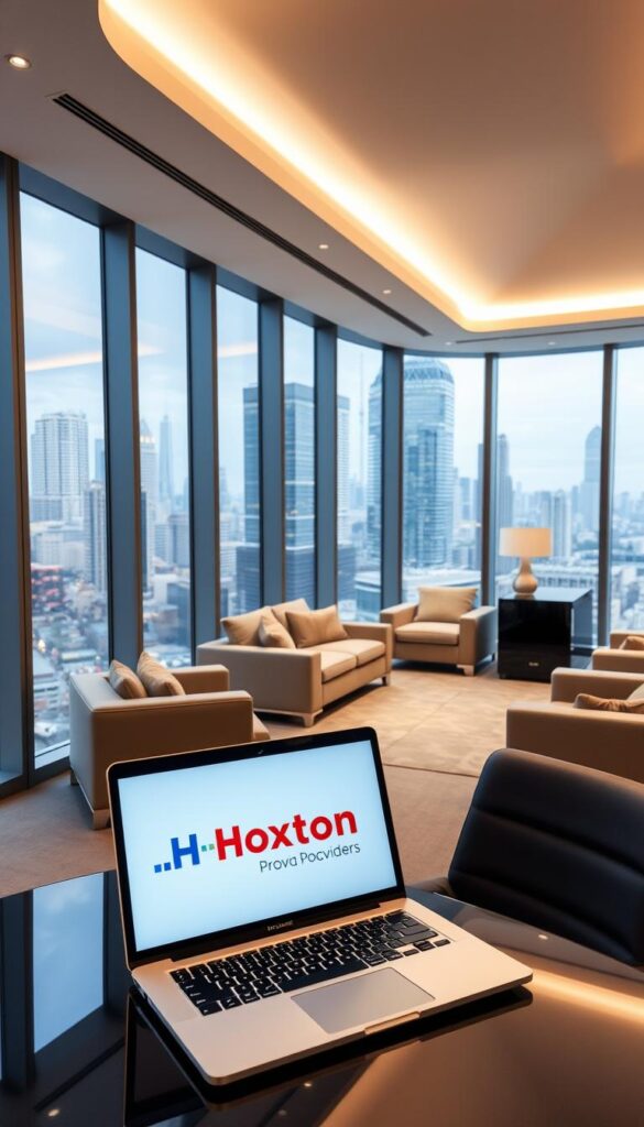 A sleek, modern office interior with large windows overlooking a bustling city skyline. In the foreground, a stylish desk with a laptop displaying the Hoxtoon Provider logo, symbolizing a legal IPTV service. The middle ground features a comfortable seating area with neutral-toned furnishings, creating an inviting atmosphere. The background showcases a clean, minimalist design with sophisticated lighting, conveying a sense of professionalism and legitimacy. The overall scene exudes an air of credibility, trustworthiness, and a commitment to providing a high-quality, legal IPTV experience.