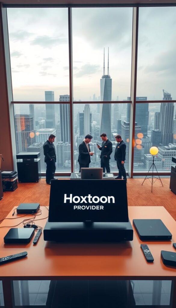 A sleek, modern office interior with large windows overlooking a bustling city skyline. In the foreground, a state-of-the-art media console displays the Hoxtoon Provider logo, surrounded by various streaming devices and remotes. The lighting is warm and inviting, creating a professional yet cozy atmosphere. In the middle ground, a team of technicians in uniform are diligently working on optimizing the IPTV service, ensuring top-rated performance and reliability. The background showcases the city's skyscrapers, hinting at the expansive reach and scale of the Hoxtoon network. The overall scene conveys a sense of technological innovation, customer-centric focus, and industry-leading expertise.