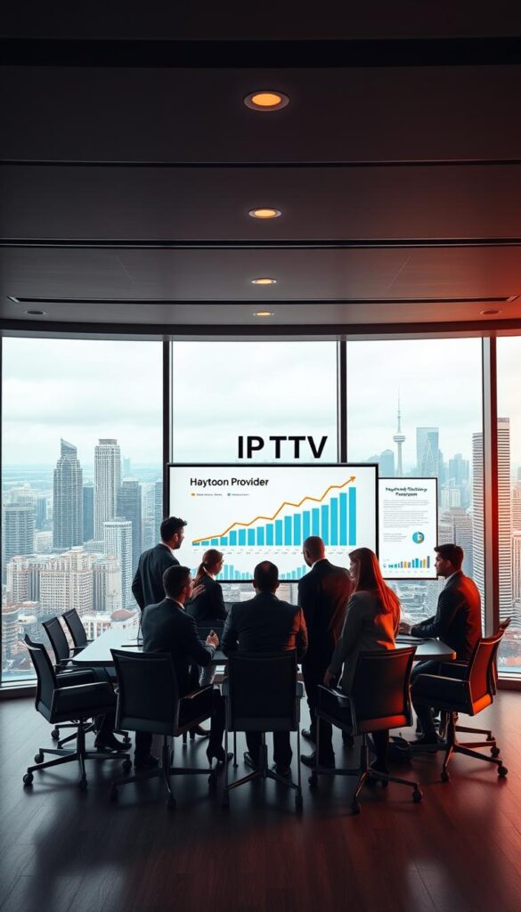 A sleek, modern office interior with large windows overlooking a bustling city skyline. In the foreground, a team of professionals gathered around a conference table, intently discussing charts and graphs that illustrate the rapid growth of the IPTV market. On the wall behind them, a large display showcases the Hoxtoon Provider brand, emphasizing their leadership in the industry. Warm, directional lighting casts a professional, authoritative atmosphere, while the cityscape in the background suggests the scale and importance of this emerging market. The overall scene conveys a sense of innovation, progress, and the transformative potential of IPTV technology.