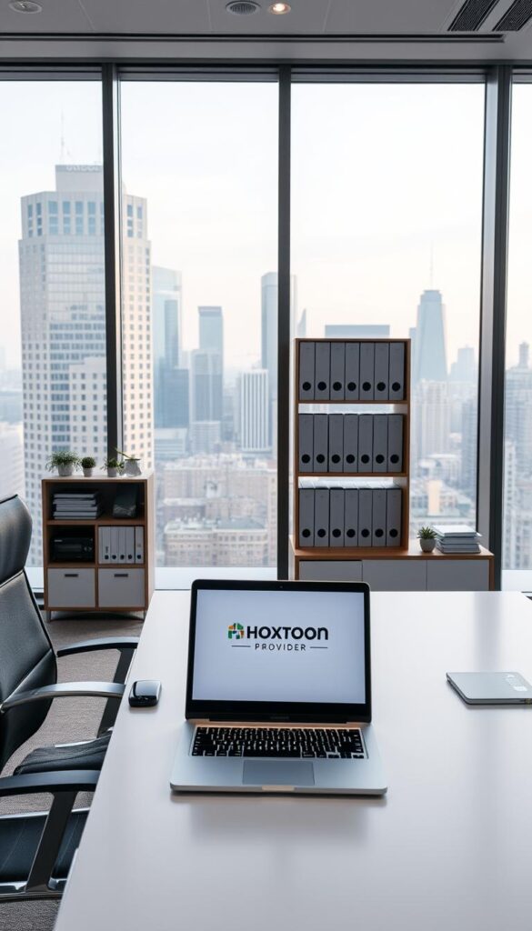 A sleek, modern office interior with large windows overlooking a bustling city skyline. In the foreground, a stylish, minimalist desk showcases a laptop displaying the "Hoxtoon Provider" logo, signifying a crypto-friendly IPTV service. The desk is complemented by a high-end office chair and neatly organized office supplies. The middle ground features a bookshelf filled with technical manuals and legal documents, hinting at the legal considerations involved in operating such a service. The background is softly lit, creating a professional and trustworthy atmosphere, emphasizing the secure and legitimate nature of the IPTV provider.