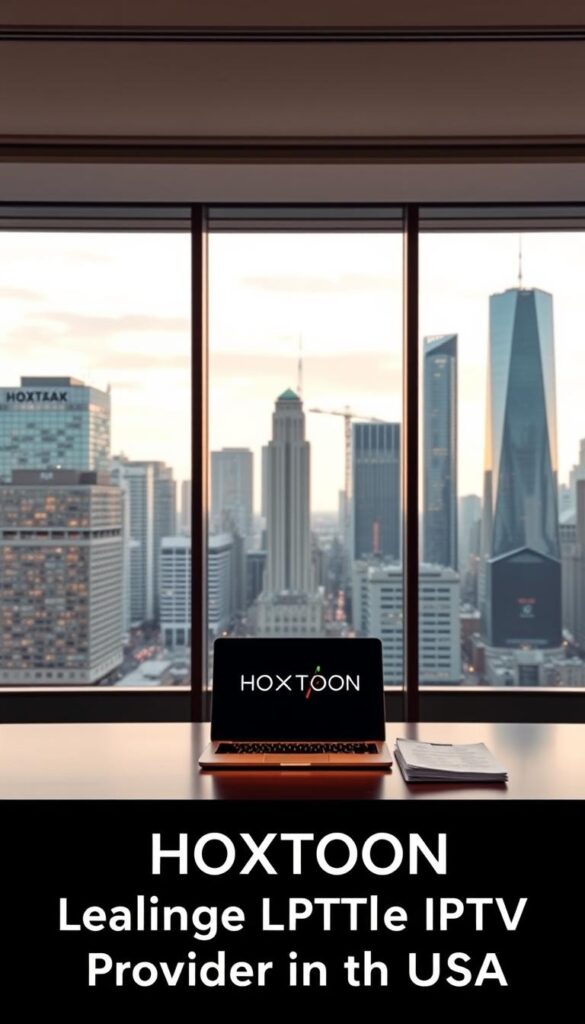 A sleek, modern office interior with large windows overlooking a bustling city skyline. In the center of the frame, a well-appointed desk showcases the Hoxtoon Provider logo, conveyed through elegant typography and a simple, minimalist design. On the desk, a high-end laptop and a stack of documents hint at the advanced technology and professional services offered by this leading IPTV provider. The lighting is soft and warm, creating a sophisticated and trustworthy atmosphere. The overall composition exudes a sense of authority, reliability, and industry expertise, perfectly reflecting the section title "HOXTOON: The Leading Lifetime IPTV Service Provider in the USA".