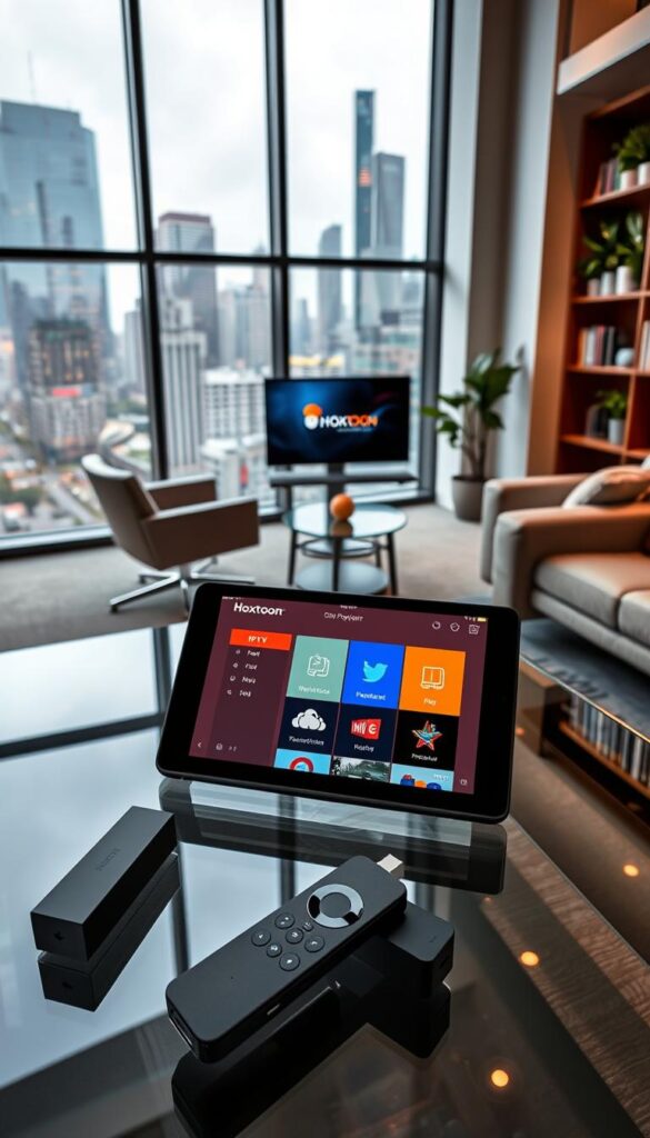 A sleek, modern office interior with large windows overlooking a bustling city skyline. In the foreground, a glass-topped coffee table showcases various streaming devices, including a Firestick. On the table, a tablet displays the interface of the "Hoxtoon Provider" IPTV service, its intuitive layout and vibrant color scheme hinting at its user-friendly experience. In the middle ground, stylish office chairs and a couch provide a comfortable workspace, while the background features bookshelves, potted plants, and subtle lighting, creating a professional yet relaxed atmosphere. The overall scene conveys the idea of a cutting-edge, top-rated IPTV solution tailored for the Firestick platform.