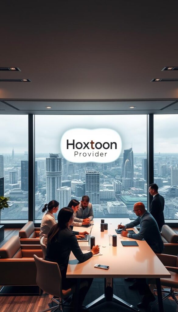 A sleek, modern office interior with large windows overlooking a bustling city skyline. In the center of the frame, a prominent logo and branding for "Hoxtoon Provider" is displayed on the wall, illuminated by soft, directional lighting. In the foreground, a team of professionals are gathered around a conference table, engaged in a lively discussion about the company's IPTV services. The atmosphere is one of professionalism and innovation, with high-end furnishings and cutting-edge technology visible throughout the space. The overall impression is of a leading, forward-thinking IPTV service provider.