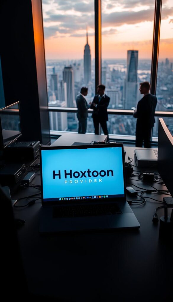 A sleek, modern office interior with large windows overlooking a bustling city skyline. In the foreground, a high-tech workstation features the Hoxtoon Provider logo prominently displayed on a laptop screen. The desk is neatly organized with various devices and cables, conveying a sense of efficiency and professionalism. Warm, directional lighting casts subtle shadows, creating depth and a premium atmosphere. The middle ground showcases several employees collaborating, discussing the latest IPTV innovations. In the background, the city skyline is visible, hinting at the global reach and scale of the Hoxtoon Provider service. The overall scene exudes a sense of industry leadership, cutting-edge technology, and a relentless pursuit of the best IPTV experience for UK customers.