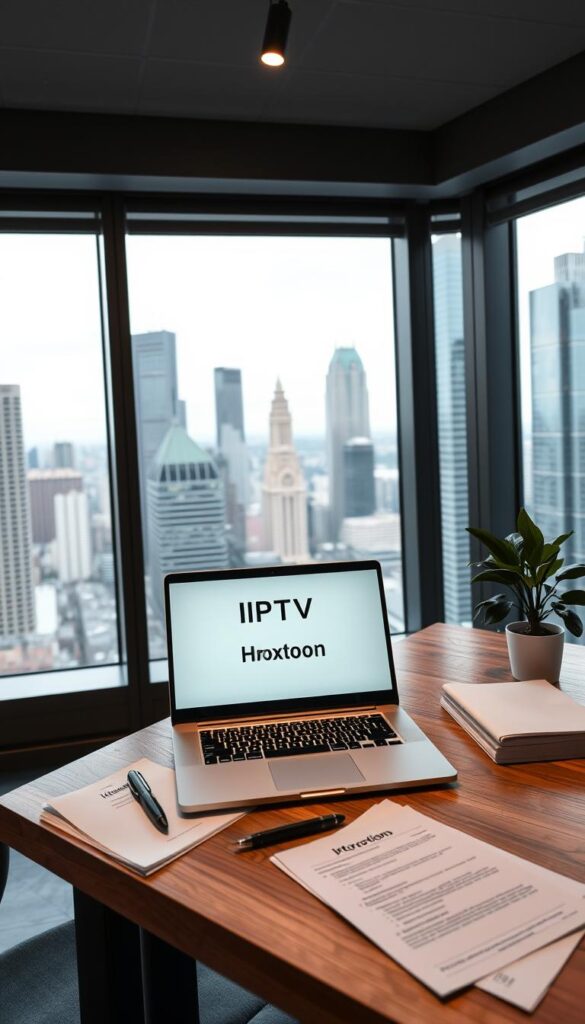 A sleek, modern office interior with large windows overlooking a bustling city skyline. On a minimalist wooden desk, a laptop displays legal documents related to IPTV services, with the "Hoxtoon Provider" logo prominently featured. A stack of papers, a pen, and a potted plant add subtle details. Soft, directional lighting casts a warm glow, creating a professional and authoritative atmosphere. The overall scene conveys the legal complexities and compliance required for IPTV providers in the United States.