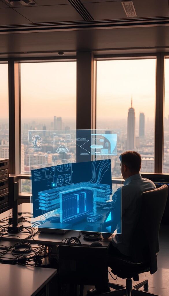 A sleek, modern office interior with large windows overlooking a bustling cityscape. In the foreground, a technician sits at a workstation, intently focused on a series of holographic displays showcasing the intricate workings of a Hoxtoon Provider IPTV network. Cables and servers are neatly organized in the middle ground, creating a sense of order and efficiency. In the background, the city skyline is visible, hinting at the broader context of the IPTV network's reach and impact. The lighting is soft and warm, creating a professional and productive atmosphere. The overall scene conveys the idea of optimizing and maximizing the Hoxtoon Provider IPTV network for a seamless and high-quality user experience.