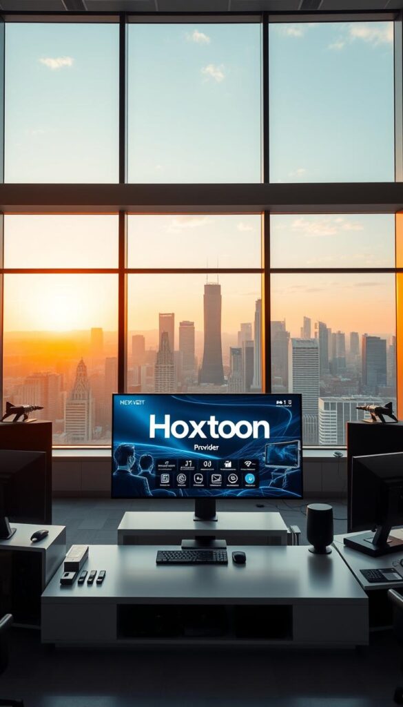 A sleek, modern office interior with large windows overlooking a city skyline. In the foreground, a high-tech media center prominently displays the "Hoxtoon Provider" brand name. The center features a clean, minimalist design with touchscreen displays, IoT-enabled controls, and a state-of-the-art IPTV setup. The middle ground showcases a team of professionals collaborating on the latest IPTV innovations, their faces illuminated by the glow of multiple screens. In the background, the city skyline is bathed in warm, golden afternoon light, creating a sense of productivity and technological progress.