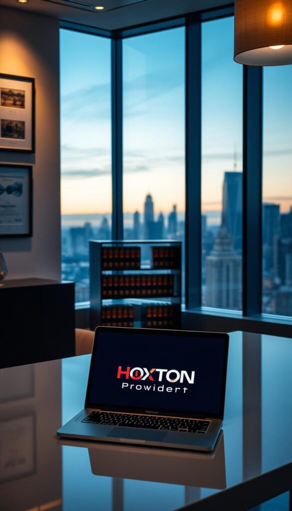 A sleek, modern office interior with large windows overlooking a city skyline. In the foreground, a desk with a laptop displaying the Hoxtoon Provider logo, representing the legal IPTV service. On the walls, framed artwork and certificates symbolizing the provider's legitimacy and compliance. Soft, directional lighting casts a warm glow, creating an atmosphere of professionalism and trust. The middle ground features a bookshelf with legal volumes, hinting at the regulatory landscape. In the background, the city skyline conveys a sense of the North American market. The overall scene conveys the legality and trustworthiness of the Hoxtoon Provider IPTV service.