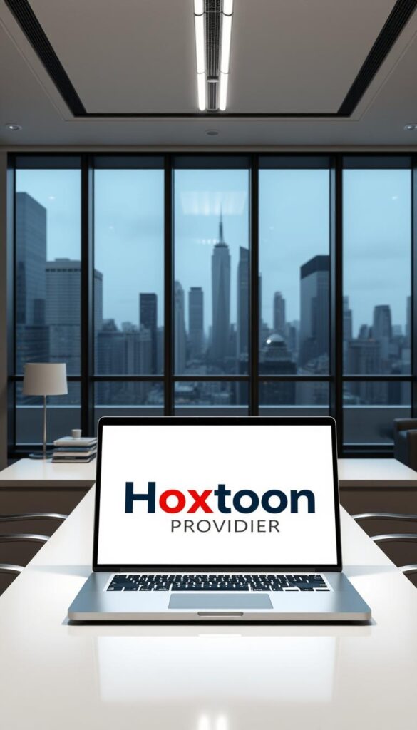 A sleek, modern office interior with large windows overlooking a city skyline. On the desk, a laptop displays the Hoxtoon Provider logo, representing the legal aspects of IPTV services. Minimalist decor, clean lines, and a sophisticated color palette of greys, whites, and metallic accents create a professional, authoritative atmosphere. Soft, directional lighting from above casts subtle shadows, emphasizing the details of the office furnishings. The scene conveys a sense of clarity, expertise, and compliance within the IPTV industry.