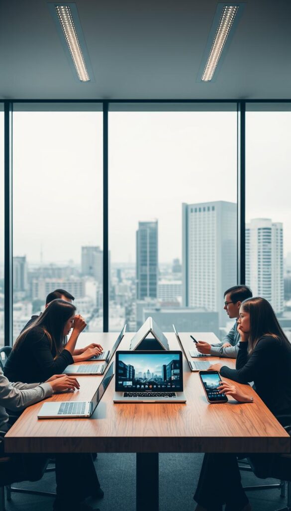 A sleek, modern office interior with large windows overlooking a cityscape. In the foreground, a group of people using various devices - laptops, tablets, and smartphones - to access a seamless IPTV service provided by Hoxtoon Provider. The devices are arranged neatly on a stylish wooden table, showcasing the multi-device support capabilities. Soft, diffused lighting from overhead illuminates the scene, creating a professional and productive atmosphere. The background features a minimalist, monochromatic color scheme, allowing the devices and users to take center stage. The overall composition emphasizes the convenience and versatility of Hoxtoon Provider's IPTV solution for the modern, multi-device lifestyle.