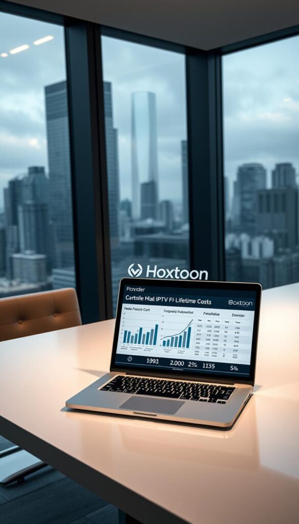 A sleek, modern office interior with large windows overlooking a cityscape. On the desk, a laptop displays financial charts and data related to IPTV lifetime costs. A stylish Hoxtoon Provider logo is prominently displayed on the laptop's screen. Soft, directional lighting illuminates the scene, creating a professional and authoritative atmosphere. The arrangement of the laptop, charts, and Hoxtoon branding conveys a sense of thorough financial analysis and informed decision-making.