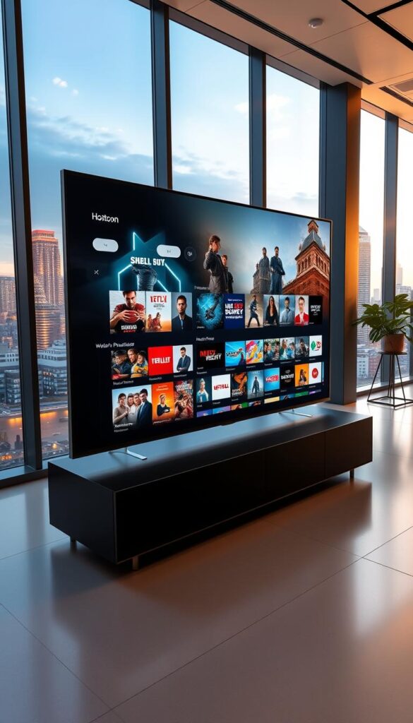 A sleek, modern office interior with large windows overlooking a vibrant city skyline. In the foreground, a high-end entertainment system displays the Hoxtoon Provider's extensive content library, showcasing a diverse array of movies, TV shows, live channels, and sports events. The display is crisp and vibrant, inviting the viewer to explore the platform's vast selection. The lighting is warm and natural, creating a welcoming and immersive atmosphere. The room is minimalist in design, with clean lines and a neutral color palette, allowing the content to take center stage. The overall scene conveys a sense of sophistication, technological innovation, and the seamless integration of premium entertainment into a professional setting.