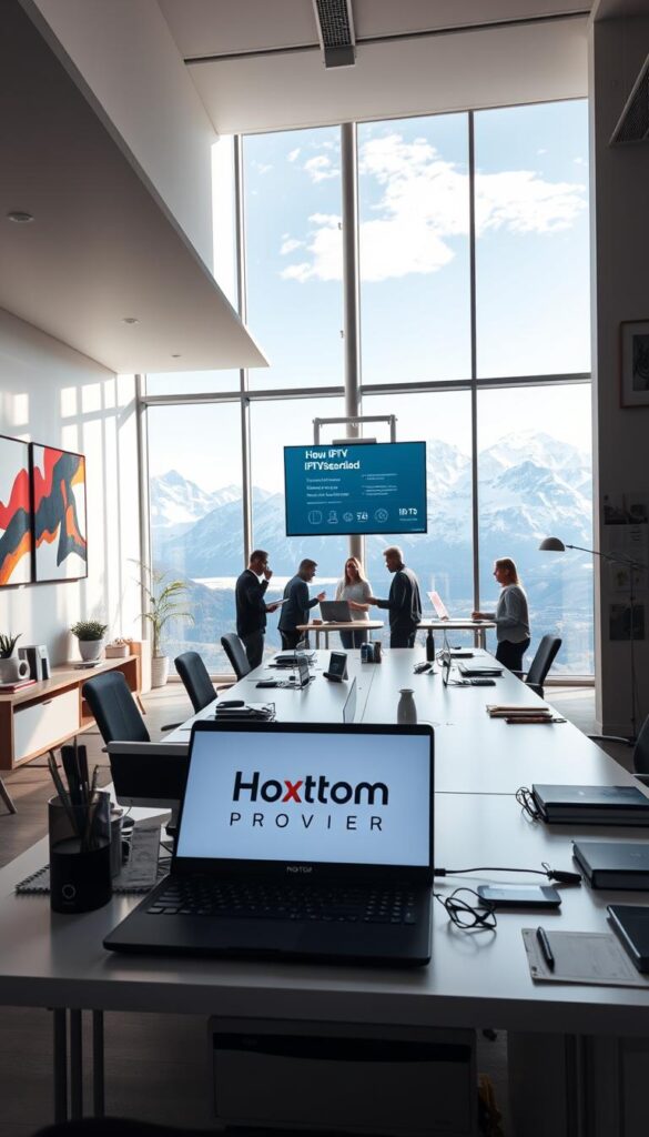 A sleek, modern office interior with large windows overlooking the Swiss Alps. In the foreground, a desk with a laptop displaying the Hoxtoon Provider logo, surrounded by various office supplies. On the walls, abstract art pieces and a large screen displaying IPTV service information. The lighting is bright and airy, creating a professional and efficient atmosphere. The middle ground features several employees collaborating on IPTV-related tasks, while the background showcases the majestic mountain landscape outside. The overall scene conveys the challenges and complexities of providing IPTV services in Switzerland, with a focus on innovation, technology, and the unique Swiss setting.