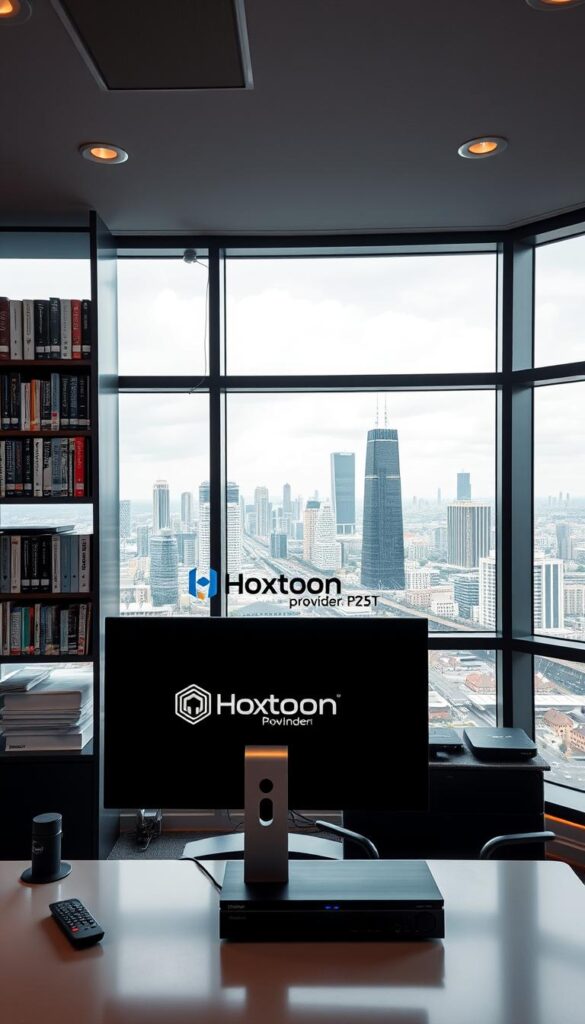 A sleek, modern office interior with large windows overlooking the cityscape of Germany. In the foreground, a desk with a high-end computer setup, featuring the Hoxtoon Provider logo prominently displayed on the screen. On the desk, various IPTV-related accessories such as a remote control and a streaming device. The middle ground showcases bookshelves filled with technical manuals and industry journals. The background depicts a vibrant urban landscape, with skyscrapers and infrastructure typical of a major German city. The lighting is a mix of natural daylight and warm, focused task lighting, creating a professional and productive atmosphere.