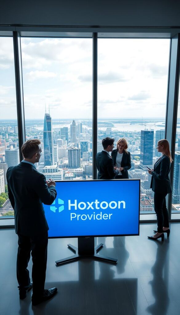 A sleek, modern office interior with large windows overlooking the cityscape of Germany. In the foreground, a display screen prominently features the "Hoxtoon Provider" logo, showcasing their IPTV service offerings. The middle ground features stylishly dressed professionals engaged in discussion, conveying the legal and regulatory aspects of the IPTV industry. The background depicts the vibrant, bustling city of Germany, with skyscrapers and infrastructure hinting at the technological advancements driving the IPTV market. The lighting is bright and professional, with a sense of authority and credibility. The overall atmosphere exudes a sense of innovation, regulation, and the growing prominence of IPTV in the German media landscape.