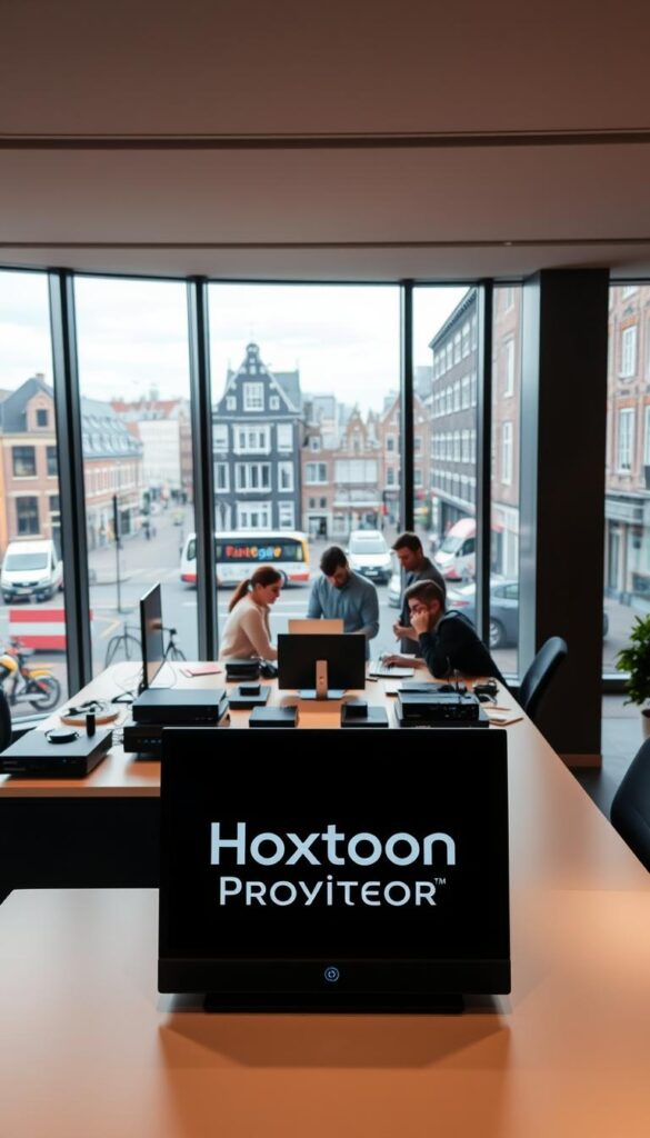 A sleek, modern office interior with large windows overlooking the iconic Dutch cityscape of Amsterdam. In the foreground, a desk showcases the Hoxtoon Provider logo, its minimalist design and warm lighting creating an inviting atmosphere. On the desk, various IPTV-related devices and accessories are neatly arranged, hinting at the comprehensive services offered. The middle ground features a team of tech-savvy professionals collaborating on state-of-the-art IPTV solutions, their expressions focused and determined. In the background, the bustling streets of the Netherlands can be seen, a testament to the local nature of the Hoxtoon Provider services.