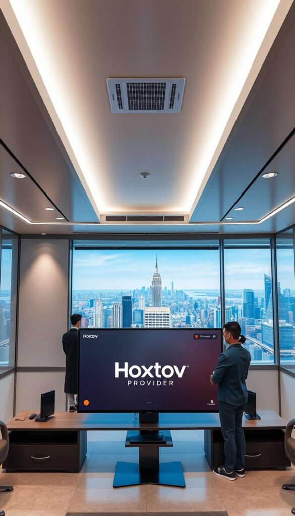 A sleek, modern office interior with sophisticated lighting and minimalist design. In the foreground, a large, high-resolution display showcases the Hoxtoon Provider brand and their premium IPTV services, highlighted by a clean, elegant user interface. In the middle ground, a team of friendly, attentive customer service representatives are available, ready to assist customers with any inquiries or issues. The background features a panoramic view of a vibrant, bustling city skyline, conveying a sense of global connectivity and advanced technology.