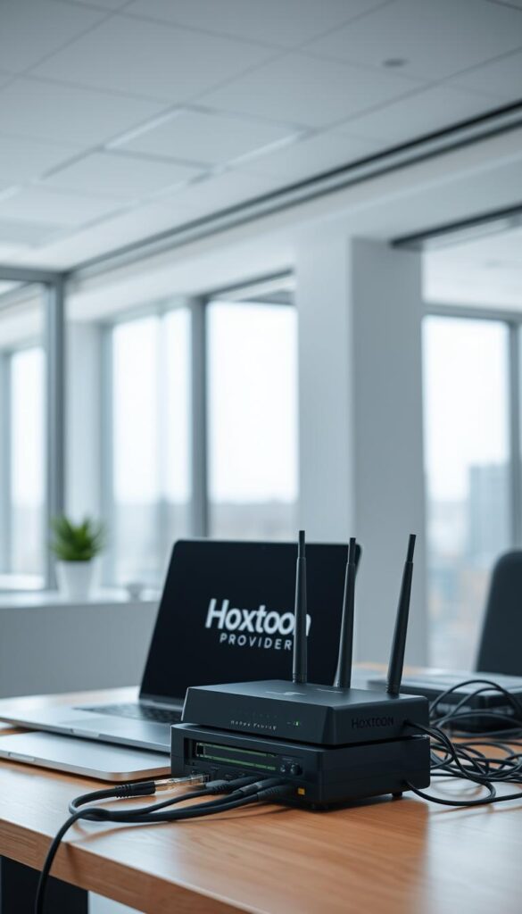 A sleek, modern office setting with a Hoxtoon Provider IPTV setup on a desk. The desk features a laptop, a router, and various networking cables. The background showcases a minimalist, well-lit environment with large windows, providing a sense of professionalism and technological focus. The lighting is crisp and clean, highlighting the equipment and creating a sense of clarity. The overall atmosphere conveys a troubleshooting scenario, with the Hoxtoon Provider branding prominently displayed on the devices, suggesting a reliable and efficient IPTV solution.