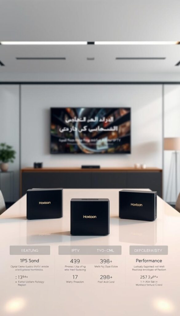A sleek, modern office setting with a central table showcasing three top-of-the-line Arabic IPTV boxes. In the foreground, the Hoxtoon Provider box stands prominently, its minimalist design and premium finish capturing the attention. To the left and right, two other leading IPTV options are displayed, allowing for a side-by-side comparison. Soft, directional lighting illuminates the scene, highlighting the features and capabilities of each device. The middle ground features technical specifications and performance metrics, presented in a clean, infographic-style layout. The background depicts a sophisticated, technology-driven environment, with subtle nods to the Arab cultural heritage. The overall mood is one of professionalism, innovation, and informed decision-making.