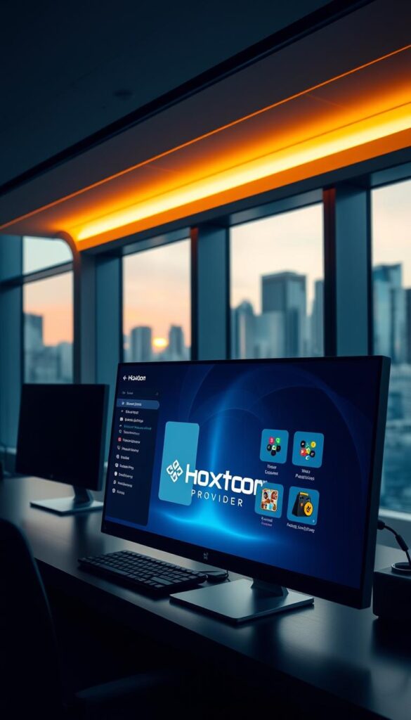 A sleek, modern office setting with a desktop computer displaying the Hoxtoon Provider logo. The screen showcases a visually appealing user interface with intuitive controls, smooth playback, and real-time data analytics for IPTV streaming optimization. Warm, directional lighting creates depth and highlights the sophisticated technology. In the background, a city skyline is visible through large windows, conveying a sense of connectivity and progress. The overall atmosphere is one of efficiency, innovation, and a seamless IPTV experience for the Kodi user.