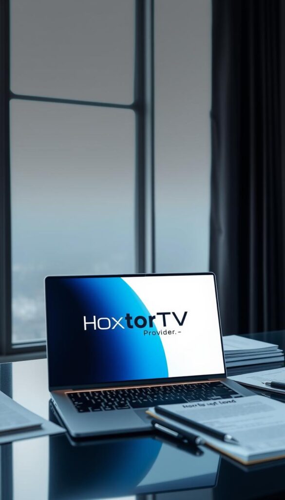 A sleek, modern office setting with a laptop displaying the Hoxtoon Provider logo, surrounded by legal documents and a minimalist desk setup. Soft, diffused lighting from a large window creates a professional, authoritative atmosphere. The scene conveys the legality and legitimacy of IPTV services in Spain, highlighting the importance of using a reputable provider like Hoxtoon to ensure compliance with local regulations.