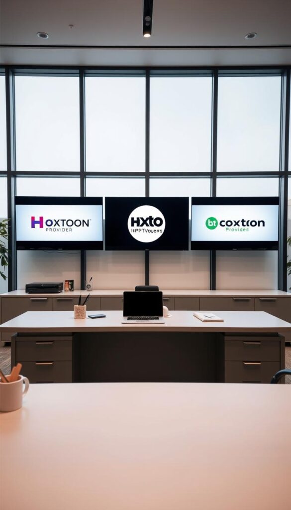 A sleek, modern office setting with a large desk in the foreground. On the desk, a laptop and various office supplies, including a pen holder and a stack of documents. Behind the desk, four large monitors displaying the logos and branding of top IPTV providers in Canada, including the Hoxtoon Provider logo prominently featured in the center. The room is well-lit, with large windows in the background providing natural light. The overall atmosphere is professional and business-like, conveying the sense of a technology-driven IPTV industry.