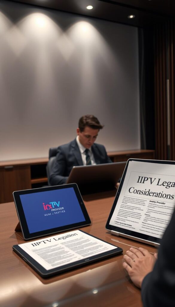 A sleek, modern office setting with a large desk, laptop, and legal documents. In the foreground, a person in a suit examining papers labeled "IPTV Legal Considerations". Soft, directional lighting illuminates the scene, creating a professional and authoritative atmosphere. On the desk, a tablet displays the Hoxtoon Provider logo, hinting at the legal implications of using their IPTV service. The background features a minimalist, elegant decor, emphasizing the seriousness of the subject matter.