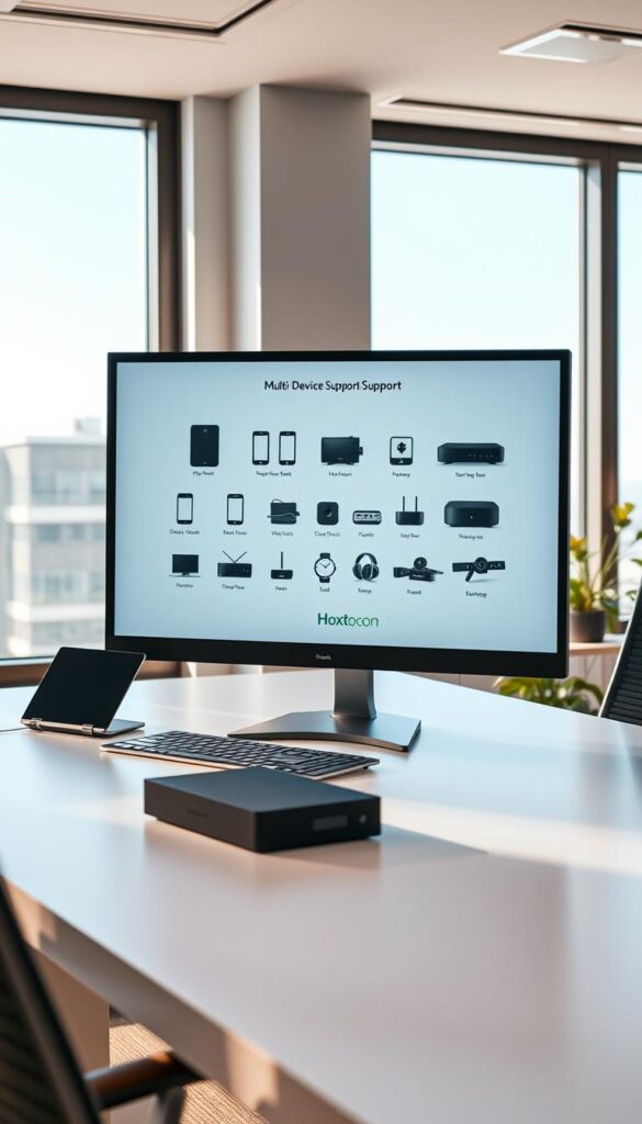 A sleek, modern office setting with a large desktop computer screen showcasing the Hoxtoon Provider multi-device support interface. The screen displays various device icons, including smartphones, tablets, and streaming devices, seamlessly connected to the Hoxtoon platform. The room is well-lit with natural light from large windows, creating a warm and professional atmosphere. The desk is clean and minimalist, with a subtle Hoxtoon logo visible. The overall scene conveys the ease and versatility of Hoxtoon's multi-device support, catering to the diverse viewing needs of its users.