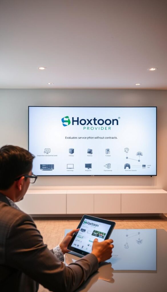 A sleek, modern office setting with a large display screen showcasing the Hoxtoon Provider logo and branding. In the foreground, a person sits at a desk, intently examining a tablet device, evaluating IPTV service options without contracts. The middle ground features various device icons and network diagrams, highlighting the flexibility and convenience of Hoxtoon's IPTV solution. The background has a minimalist, clean design with neutral tones, creating a professional and trustworthy atmosphere. Soft, directional lighting illuminates the scene, emphasizing the key elements and creating a sense of clarity and focus.